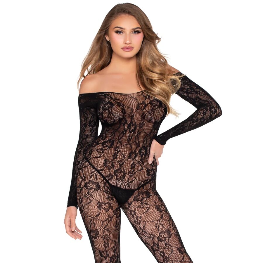 LEG AVENUE - 89366 BODYSTOCKING DE LENCERÍA DE ENCAJE NEGRO - TALLA ÚNICA