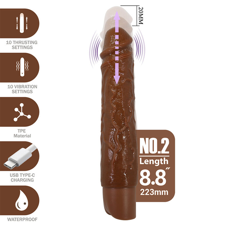 PRETTY LOVE - KESSLER REALISTIC VIBRATING DILDO WITH 10 VIBRATION MODES AND 10 THROWS, 22 CM, BROWN - Imagen 2